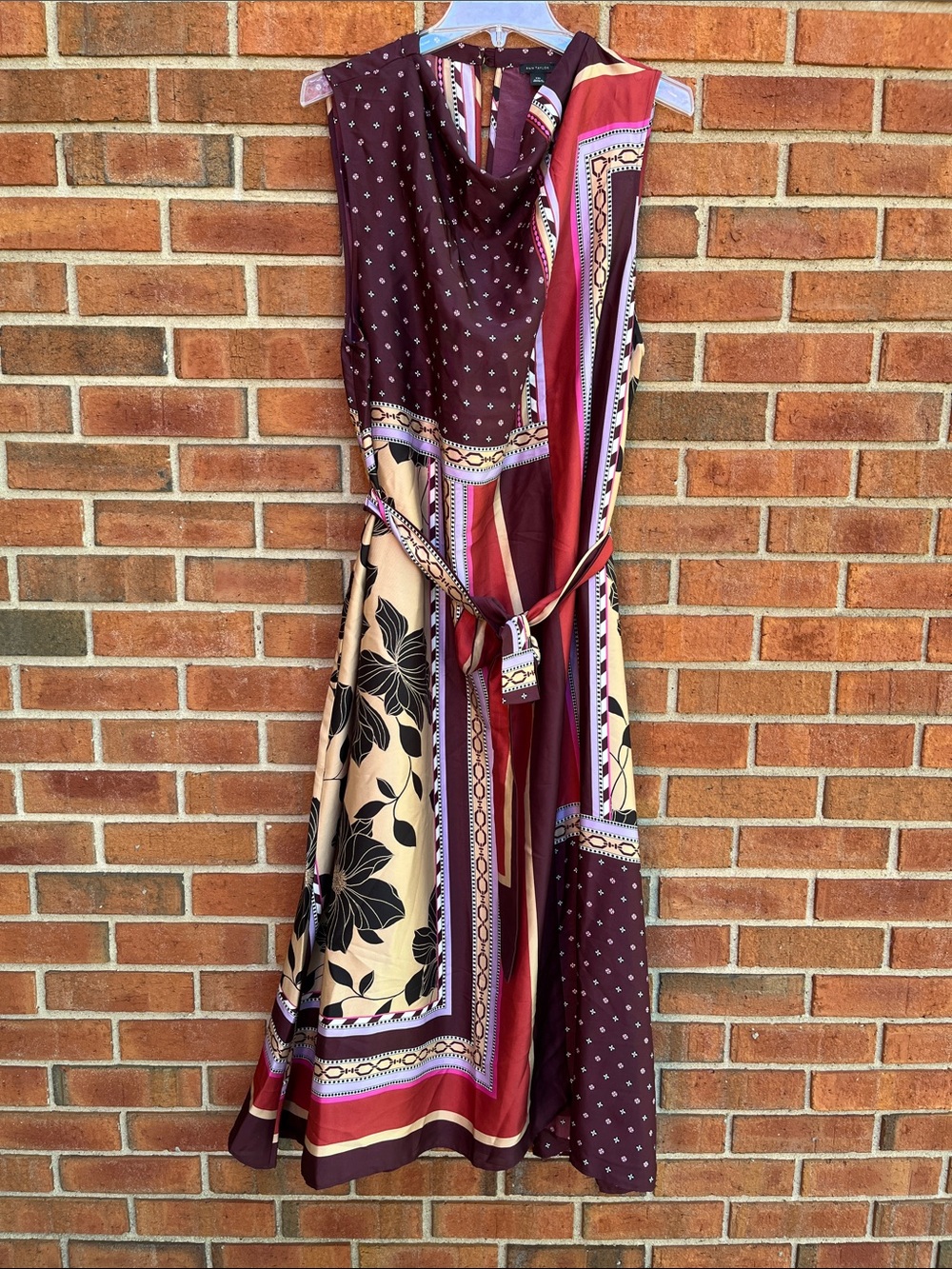 New! Ann Taylor Mixed Print Mock Neck Belted Flare Midi Dress size XXL - Picture 3 of 9